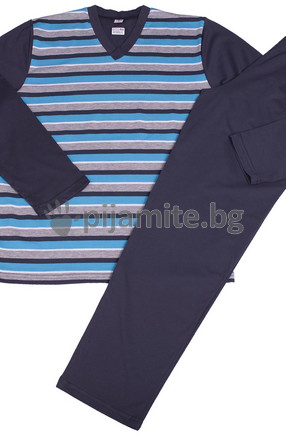 Мъжка пижама - дълъг ръкав, пениран памук, рае синьо с графит 154